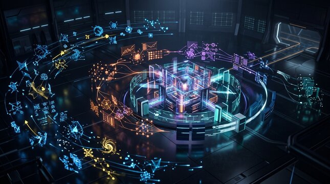 Complex futuristic technology hub with glowing light connections and data nodes