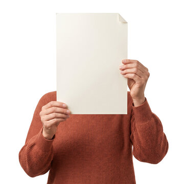Faceless person holding blank white paper in front of body
