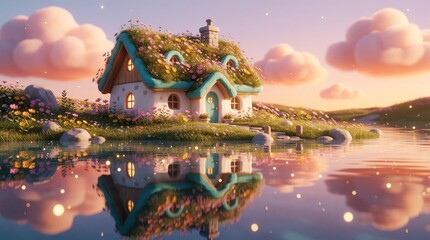 Obraz premium Charming fairytale cottage with flower roof sits by calm lake at sunset. Small house reflects in water under pink clouds. Dreamy landscape with garden, grass creates peaceful atmosphere. Magical