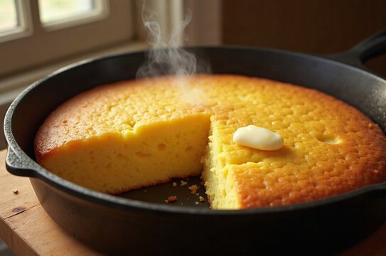 Golden cornbread muffins in a cast-iron skillet with melting honey butter