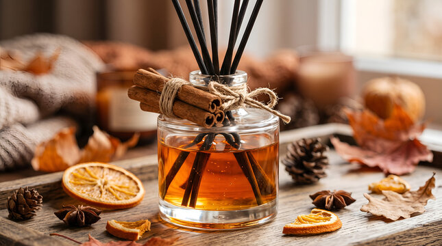 Reed diffuser with cinnamon sticks and dried orange slices for cozy autumn home decor.