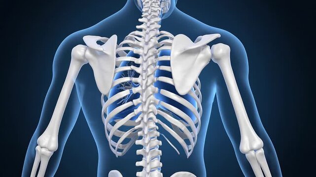 Human skeleton shown from front, side, and back. Medical anatomy visualization of the rib cage, spine, and shoulder bones.