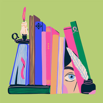 Stack of books, book pile. Vintage candle, eye looking through. Bookstore, library, cozy, leisure reading concept. Detective, mystery, thriller literature. Hand drawn trendy Vector illustration
