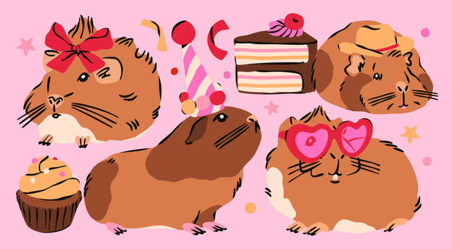 Guinea Pig set. Cute funny characters. Various poses, different accessories, sweets. Small pet rodent clipart. Hand drawn trendy Vector illustration. Isolated design elements. Party, celebrate concept
