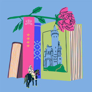 Stack of books. Red rose lying on books. Medieval castle, knight on a horse. Bookstore, library, cozy, leisure reading concept. Adventure, romance literature. Hand drawn trendy Vector illustration