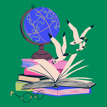 Stack of books. Globe, seagulls flying over open book, glasses. Bookstore, library, leisure reading concept. Adventure, geography, history literature. Hand drawn trendy Vector illustration