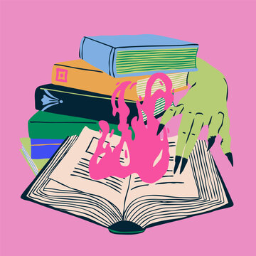 Stack of books. Various books. Open book with fire, green witch or demon hand. Bookstore, library, leisure reading concept. Horror, fantasy, mystery literature. Hand drawn trendy Vector illustration