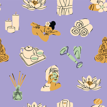 Spa concept. Candles, lotus flower, gua sha stone, bathrobe, face mask, massage, rolled towels, aroma diffuser, Buddha statue. Hand drawn Vector illustration. Square seamless Pattern, background
