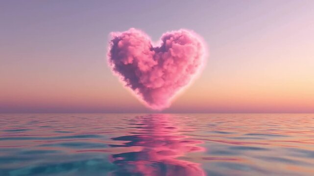 Pink Heart Shaped Cloud Floating Over Calm Ocean Water at Sunset