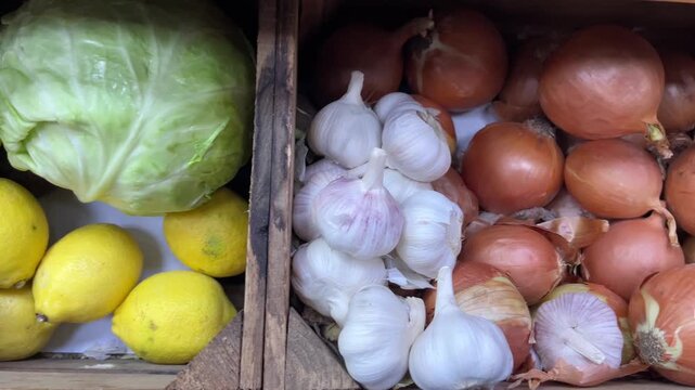 Produce Market Display &ndash; Lemons, Cabbage, Avocado, Onions and Garlic