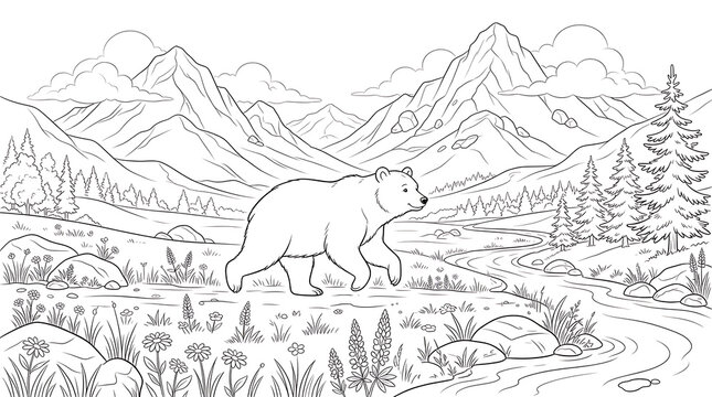 Black and white line art of a bear in a mountain landscape isolated on transparent background