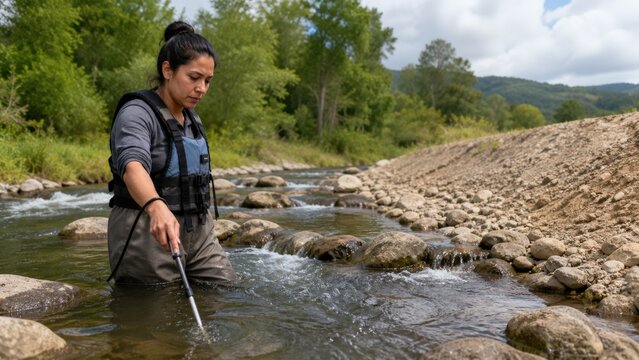 Fish passage monitoring - an ecologist holding a velocity probe in a bypass