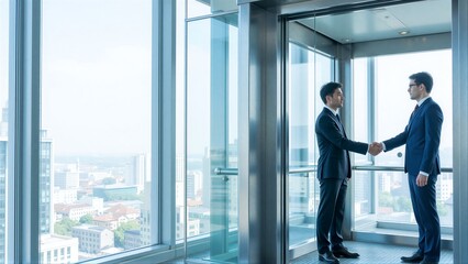 Fototapeta premium Two businessmen shake hands in a modern elevator with cityscape view.