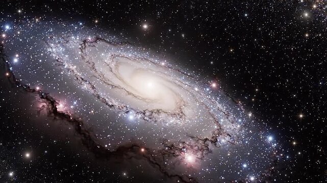 Andromeda spiral galaxy fills the frame as the view moves closer. Deep space astronomy visualization of stars, dust lanes and cosmic structure.