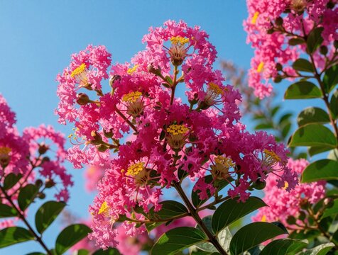 Pink crape myrtle flowers bloom on green bush under clear blue sky. Vibrant Lagerstroemia indica blossoms grow in summer garden. Close up shot of bright pink petals, yellow stamens on flowering plant