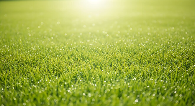 Fresh Green Grass Background with Sun Rays, Lush Summer Meadow and Natural Lawn Texture, Bright Outdoor Landscape Symbolizing Growth, Freshness, Ecology, and Spring Nat
