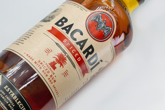 Bacardi Spiced premium rum bottle closeup on white.