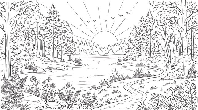 Black and white line art drawing of a peaceful forest landscape isolated on transparent background
