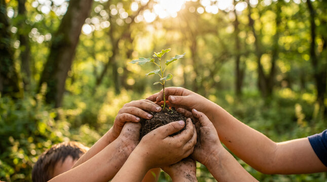 Primer plano de manos de ni&ntilde;os sosteniendo juntos una peque&ntilde;a planta joven bajo la luz solar, sobre un fondo de naturaleza verde. Concepto ecol&oacute;gico del D&iacute;a de la Tierra.
