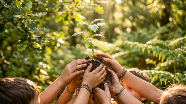 Primer plano de manos de ni&ntilde;os sosteniendo juntos una peque&ntilde;a planta joven bajo la luz solar, sobre un fondo de naturaleza verde. Concepto ecol&oacute;gico del D&iacute;a de la Tierra.