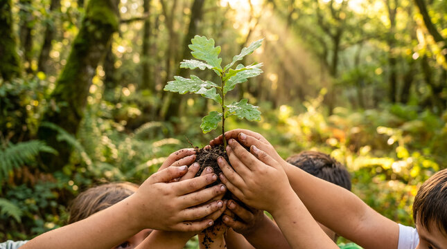 Primer plano de manos de ni&ntilde;os sosteniendo juntos una peque&ntilde;a planta joven bajo la luz solar, sobre un fondo de naturaleza verde. Concepto ecol&oacute;gico del D&iacute;a de la Tierra.
