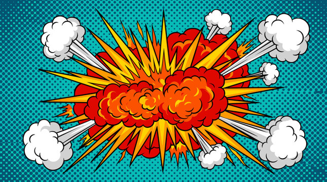 Vibrant pop art comic book explosion vector illustration with red and orange fire clouds, yellow sharp bursts, white smoke plumes on a teal halftone dot textured background.