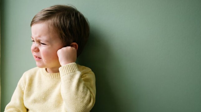 Unhappy little boy holding his ear suffering from painful earache and crying at home