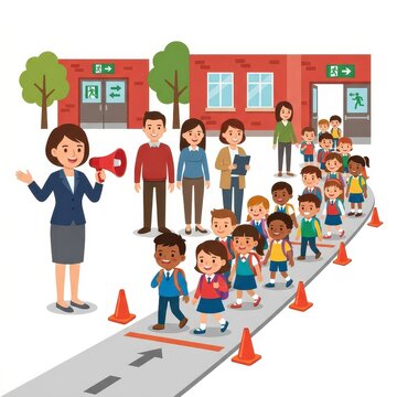 School fire drill evacuation with students and teachers