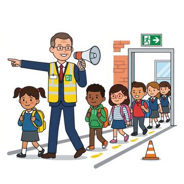 School evacuation drill with teacher and children