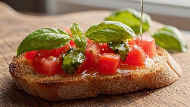 Olive oil poured over tomato and basil bruschetta on toasted bread. Italian appetizer preparation and fresh Mediterranean cuisine.