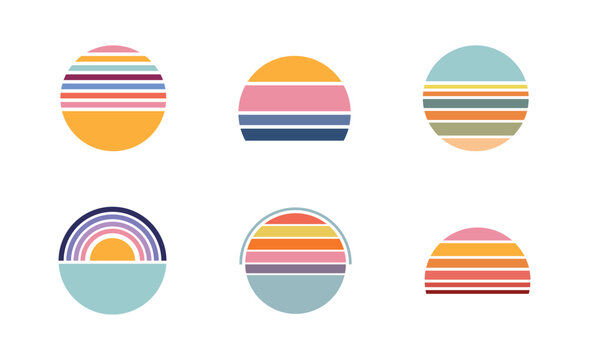 Collection of six retro sunset circle icons in minimalist style with minimalist