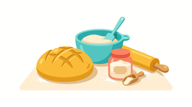 Freshly baked bread loaf with baking ingredients and tools on a table.