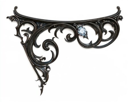 ornate vintage wrought iron corner bracket with elegant swirling filigree scrollwork, decorative antique metallic element with sparkling crystal gem inlay on white background for architectural design