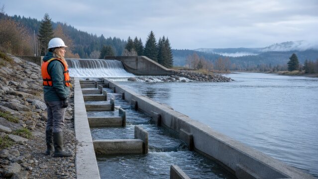 Fish passage monitoring - a river engineer observing pool and weir ladder flow