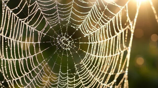 Dew covered spiderweb catches morning sunlight, revealing an intricate natural pattern and the fine structure of an outdoor ecosystem in macro detail.