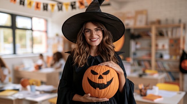 Smiling female teacher wearing a witch costume and holding a carved pumpkin in a classroom.