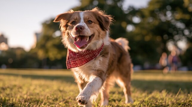 Happy fluffy dog wearing a red plaid bandana walking on green grass in a park.