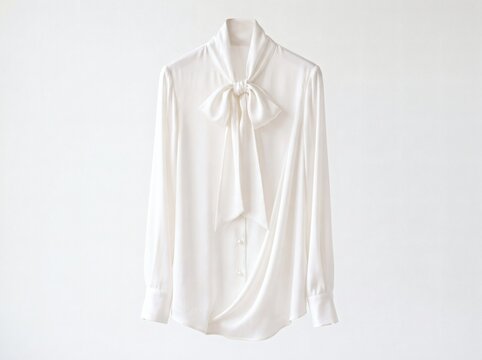 Elegant white silk blouse with a bow tie detail isolated on a white background.