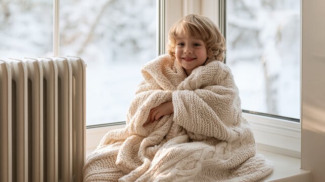 Happy little boy wrapped in a warm knitted blanket sitting by a snowy window.