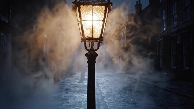 Antique street lamp glows through fog on a cobblestone lane at night, creating a mysterious historic city scene with cinematic suspense.