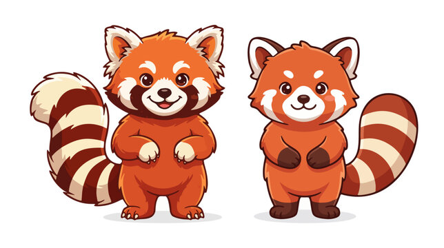 Cute red panda character vector with reddish-orange fur, white facial markings, bushy striped tail, friendly expression, and clean bold outline isolated on a white background.