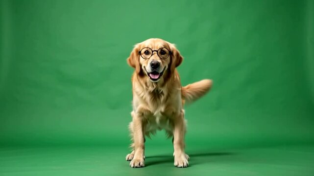 Golden retriever dog wearing round glasses standing against a plain green background in a studio