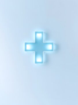 Glowing medical plus sign symbol made of blue light on clean background for healthcare branding