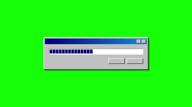 Retro computer window progress bar loading on green screen background