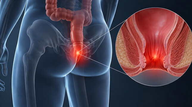 A detailed medical illustration showing an anal fissure in the human rectum, highlighting the area of inflammation and pain with a zoomed-in cross-section view for clinical study and patient educat...