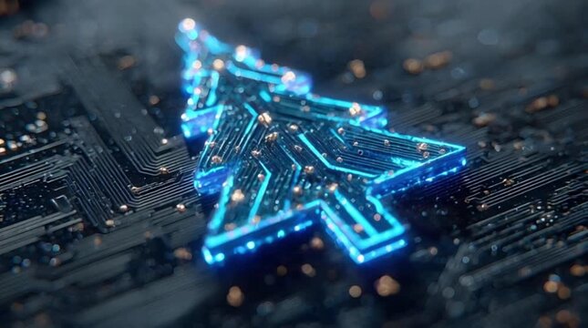 Illuminated cyan neon Christmas tree circuit symbol glowing with internal trace pathways on PCB motherboard for tech holiday concept (AI Generated)