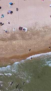 vertical drone video of a beach waves sand