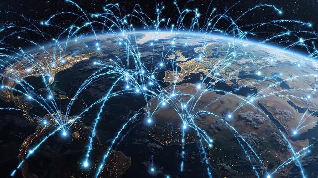 Digital communication network connects cities across Earth at night. Global data exchange, worldwide connectivity and internet technology concept. Planet viewed from space with glowing city lights
