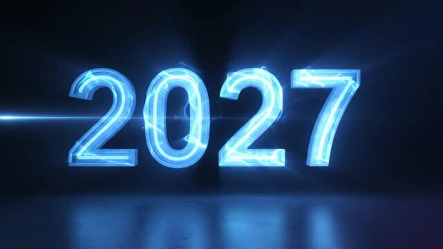 Futuristic neon light streaks displaying the years 2026 through 2027 in a dynamic sequence