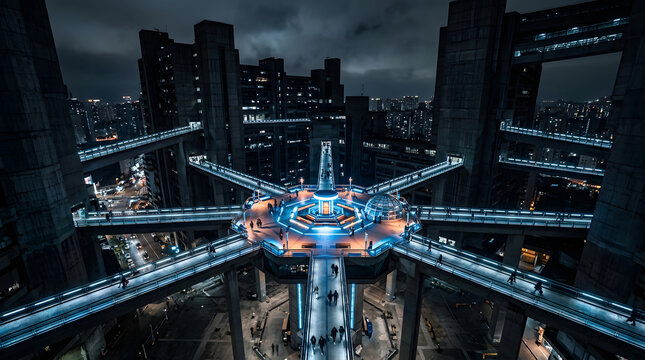 Futuristic cyberpunk cityscape at night with glowing elevated walkways connecting monolithic concrete skyscrapers in a sprawling metropolis